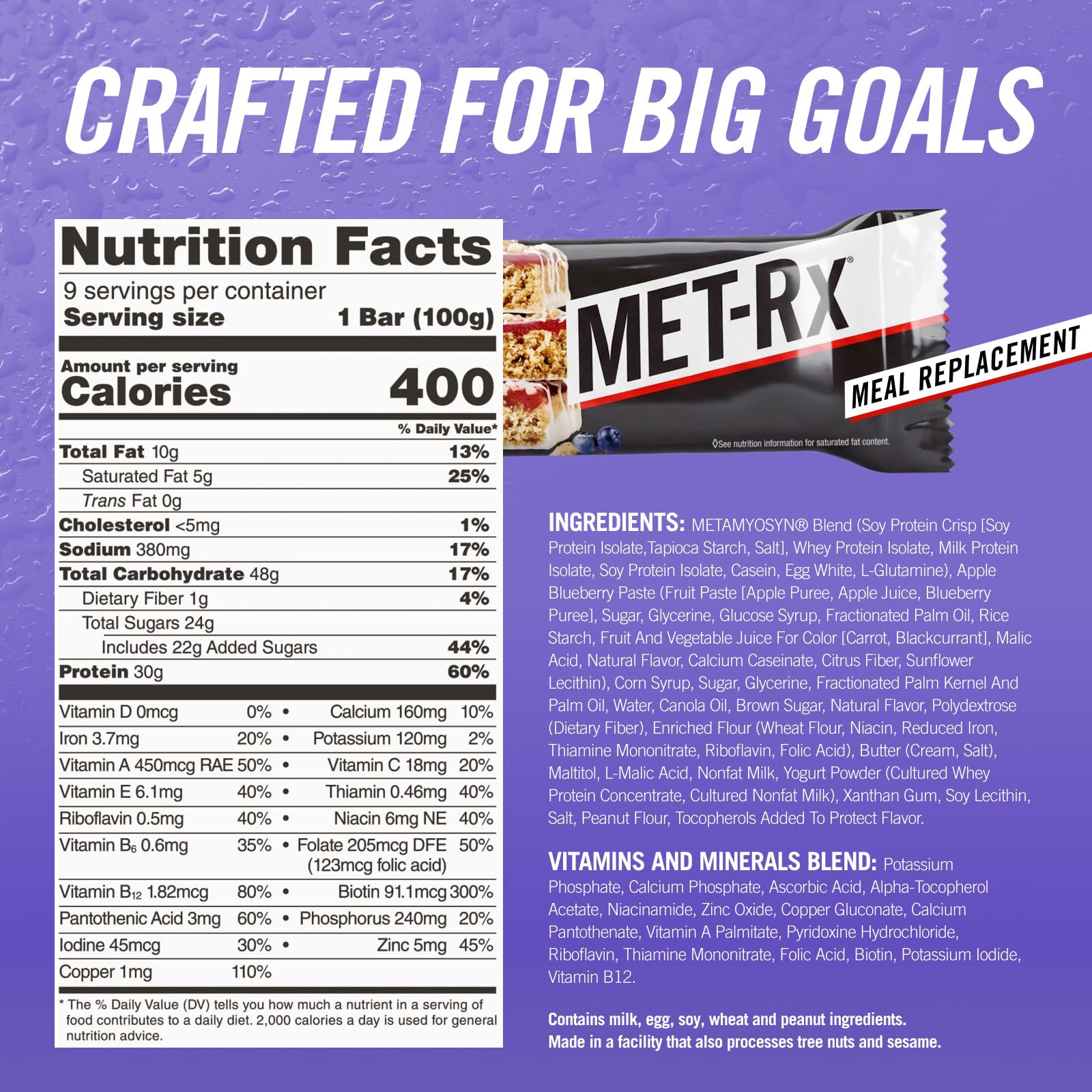 MET-Rx Big 100 Colossal nutrition panel close-up emphasizing protein and vitamins