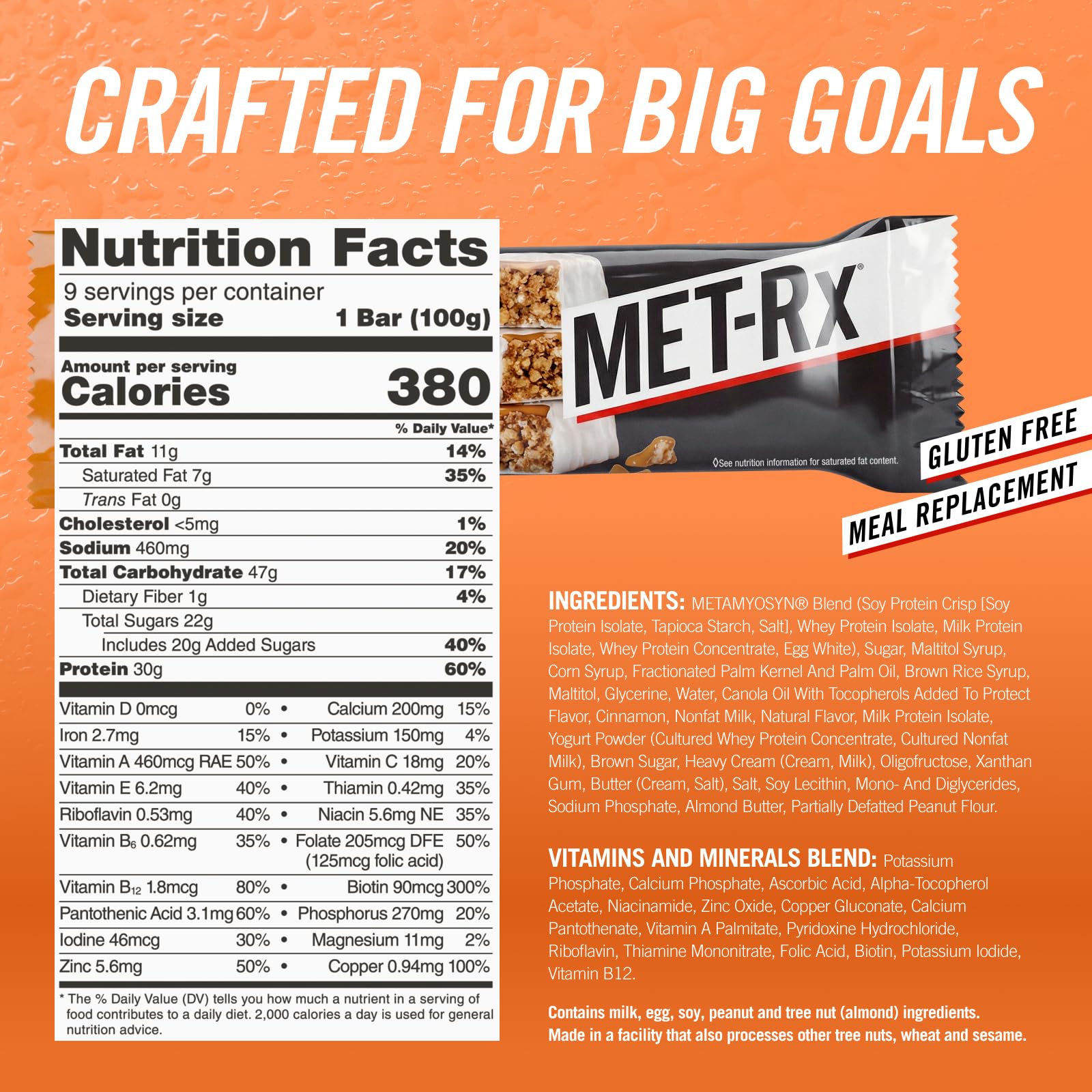 MET-Rx Big 100 Colossal bar close-up of ingredients for balanced nutrition.