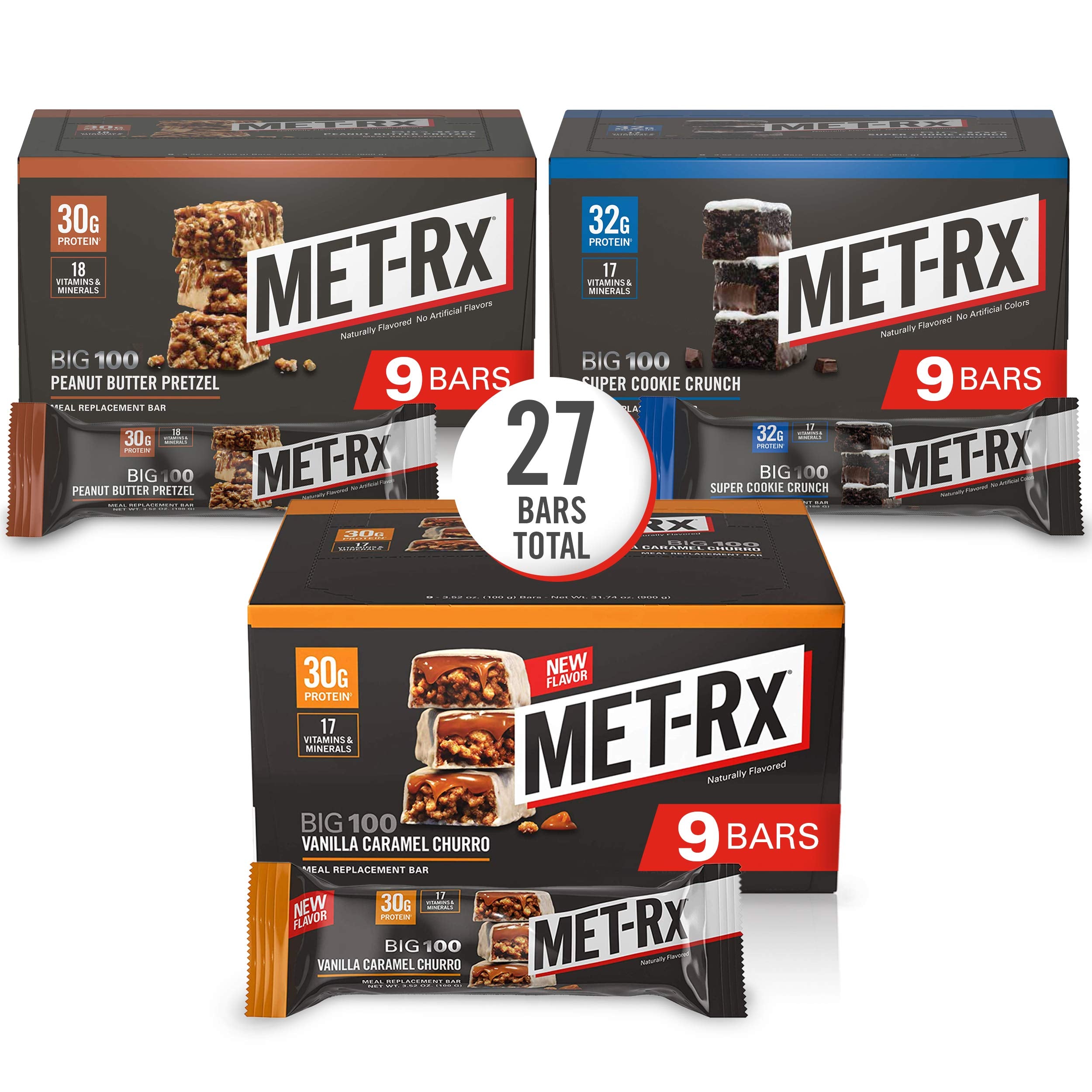 MET-Rx Big 100 Colossal packaging display for on-the-go nutrition.