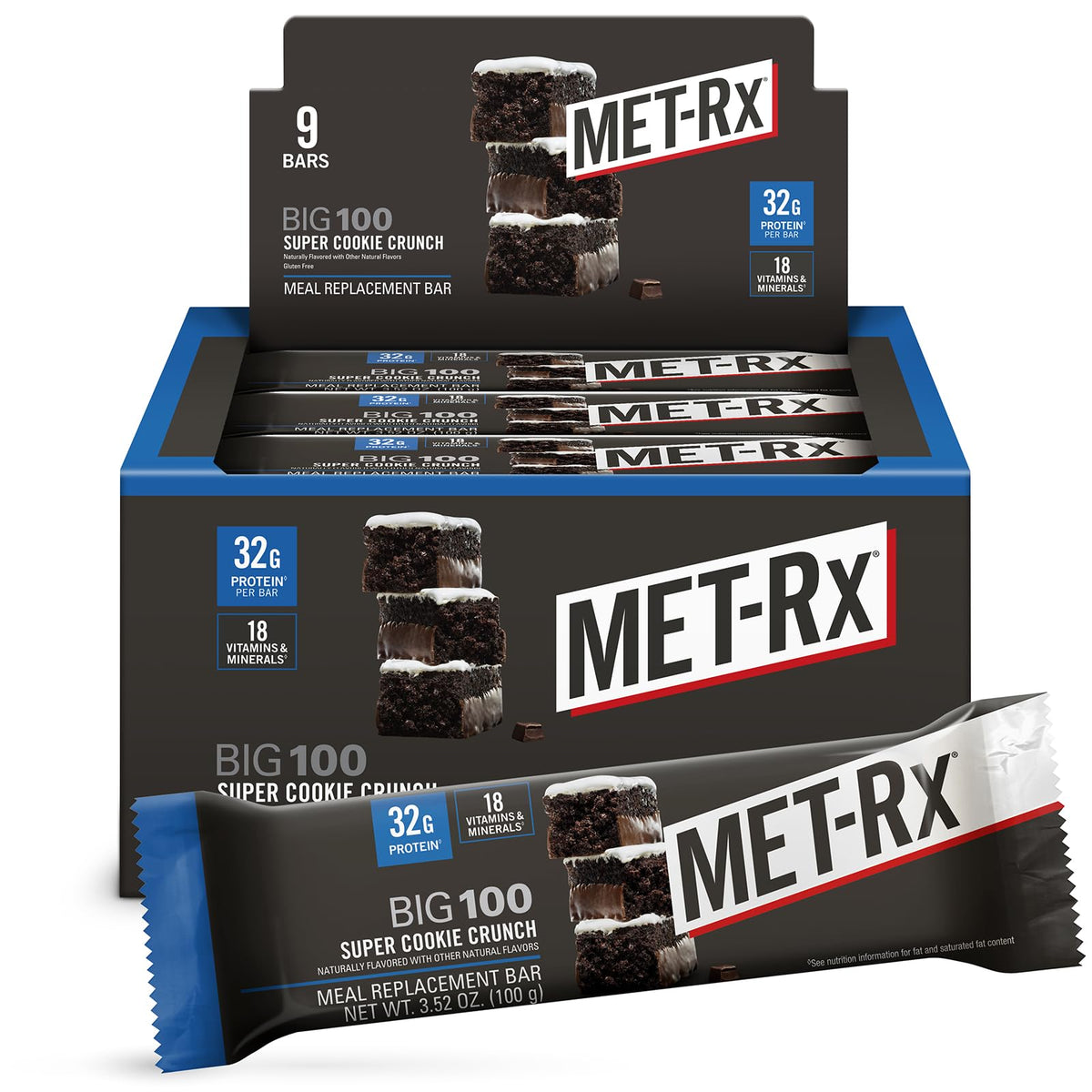 MET-Rx Big 100 Colossal bar front view, protein-packed snack for athletes.
