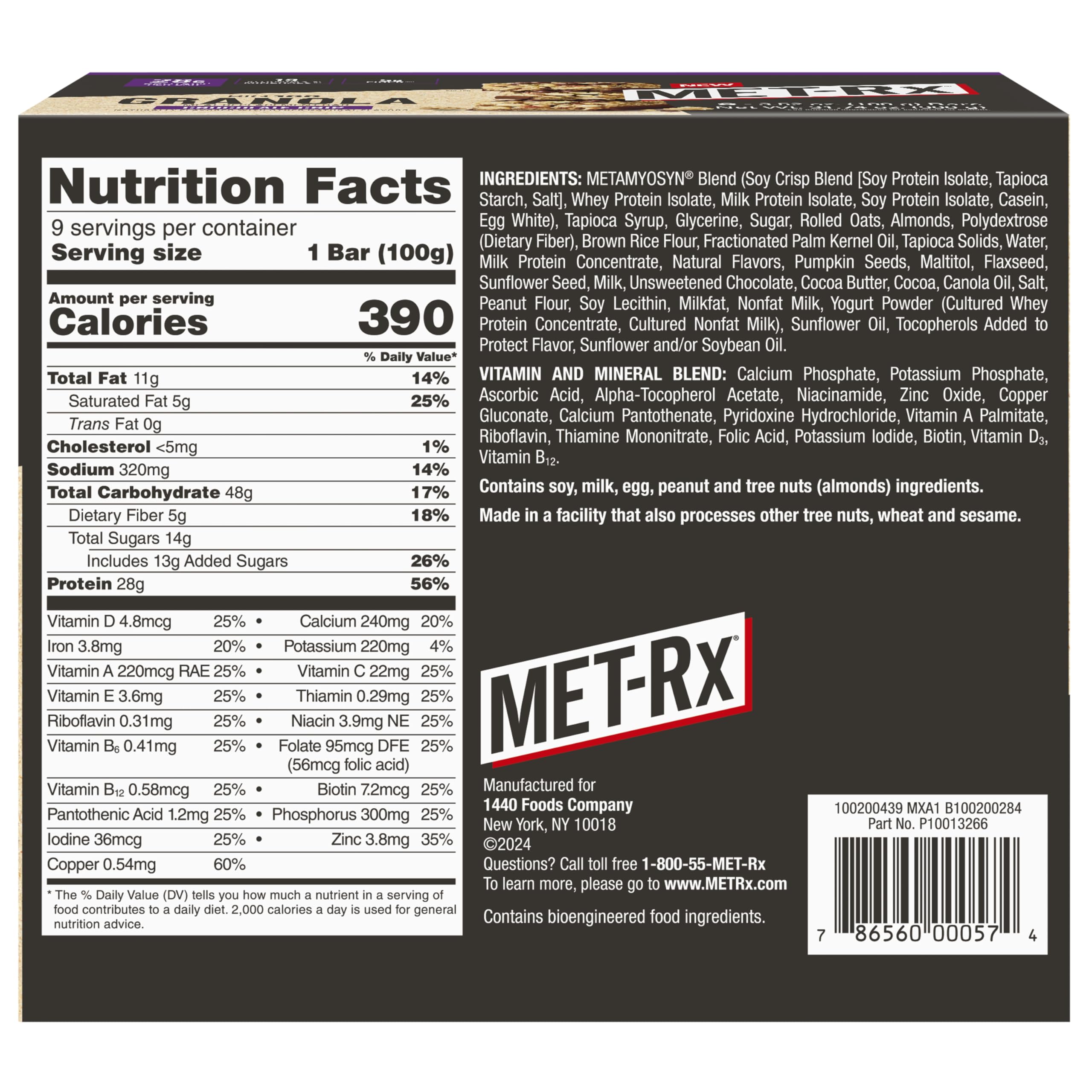 MET-Rx Big 100 Granola Bar nutrition panel closeup with vitamins