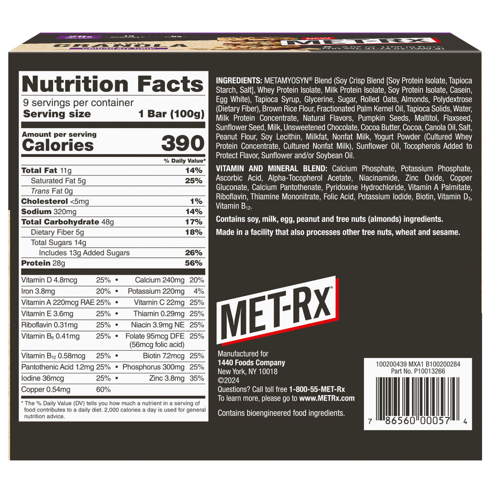 MET-Rx Big 100 Granola Bar nutrition panel closeup with vitamins