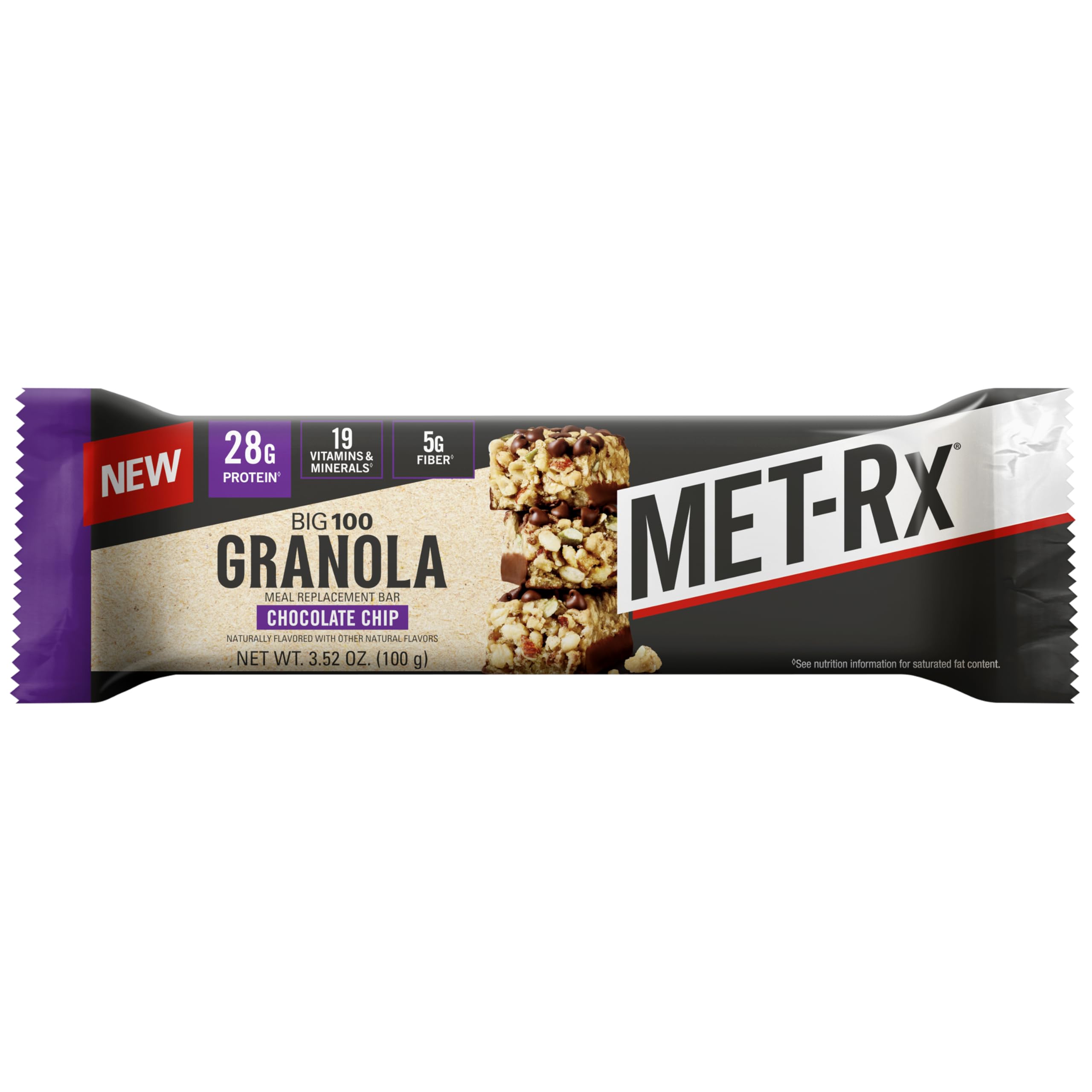 MET-Rx Big 100 Granola Bar side view of the chocolate chip pack
