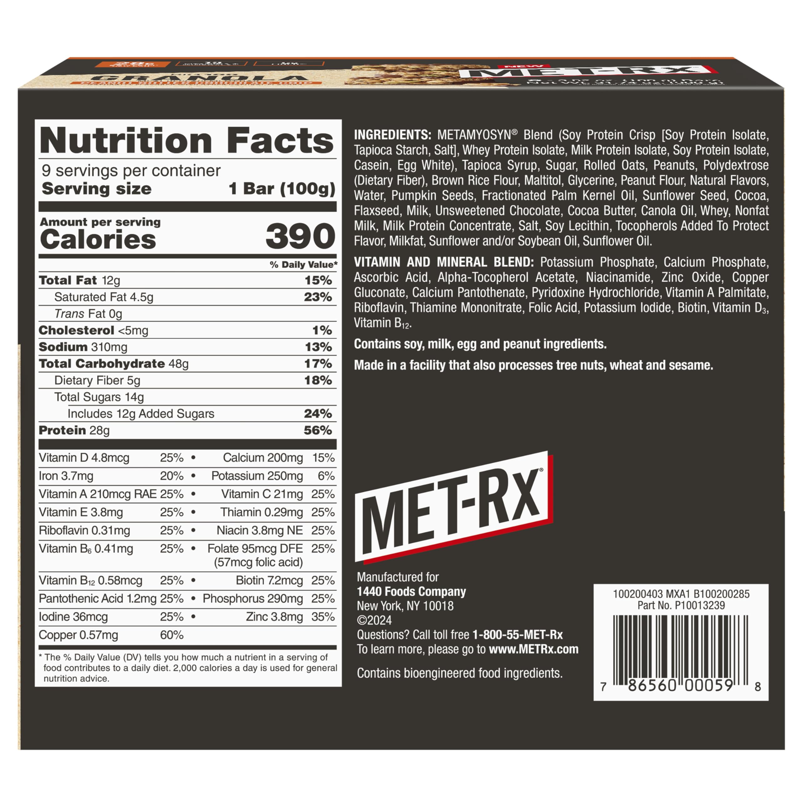 MET-Rx Big 100 Granola Bar nutrition facts highlighting protein and vitamins