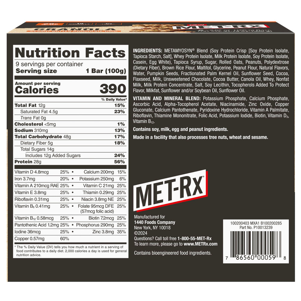 MET-Rx Big 100 Granola Bar nutrition facts highlighting protein and vitamins