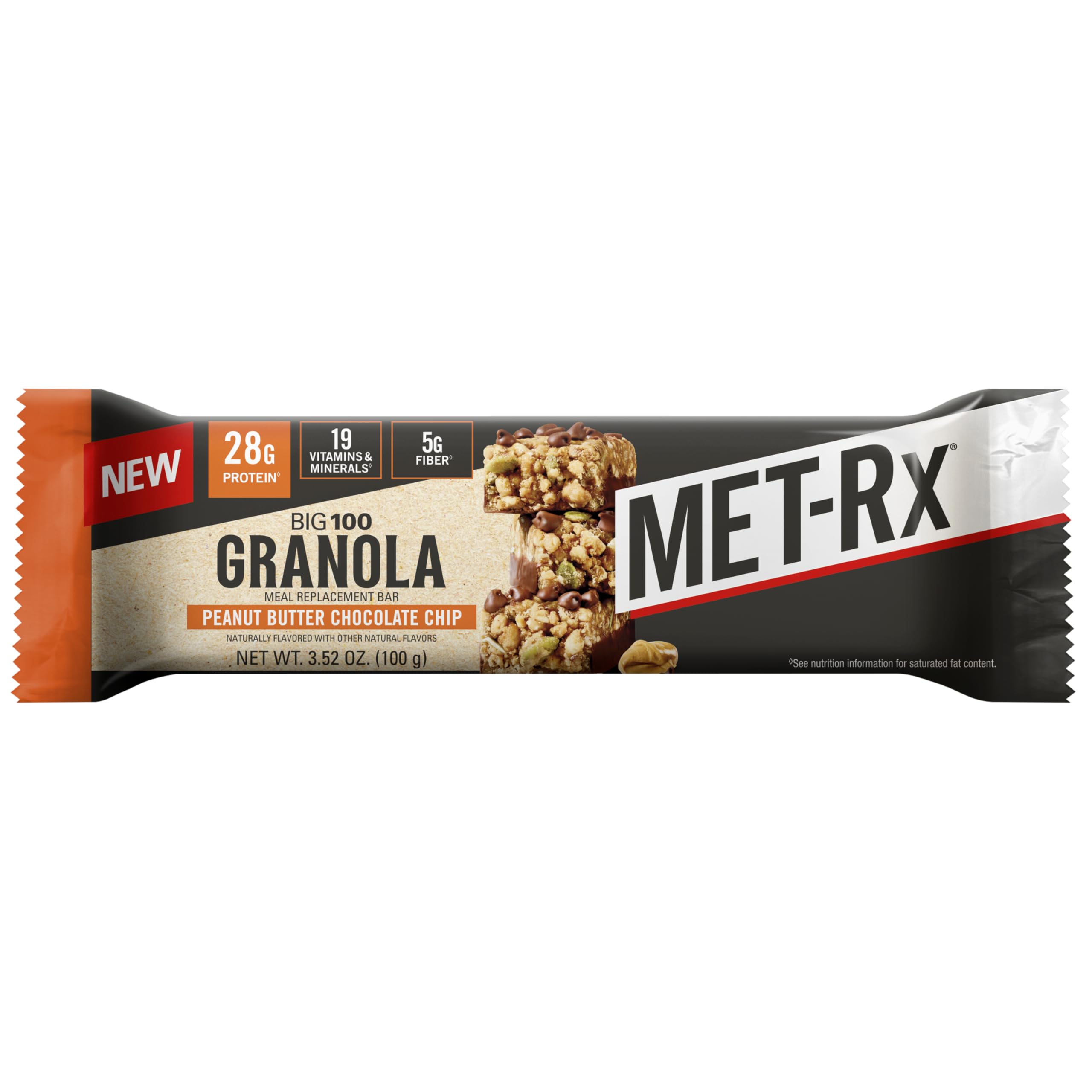 MET-Rx Big 100 Granola Bar close-up of peanut butter chocolate chip for a tasty protein snack