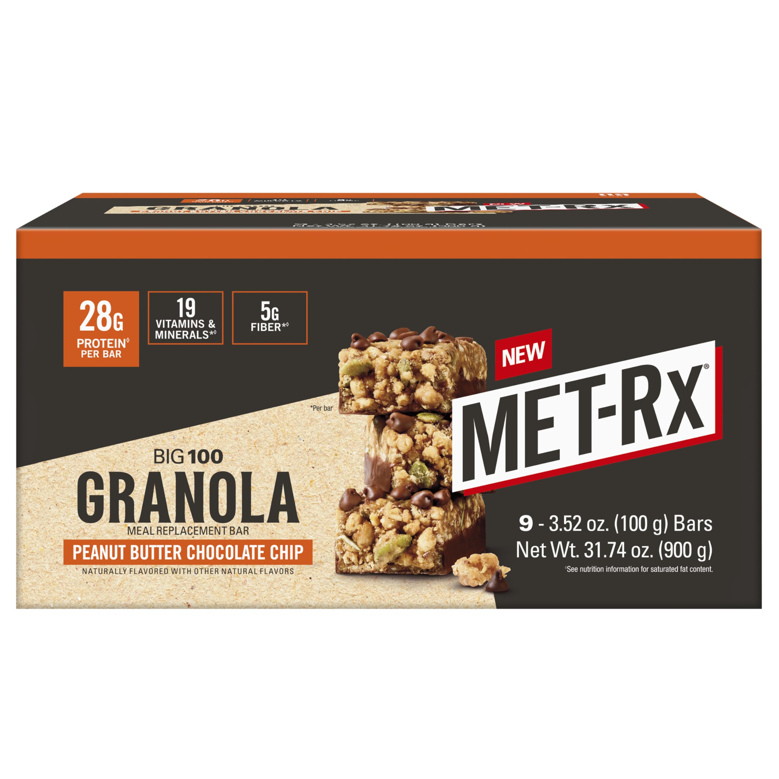 MET-Rx Big 100 Granola Bar front view showing the peanut butter chocolate chip flavor for on-the-go protein