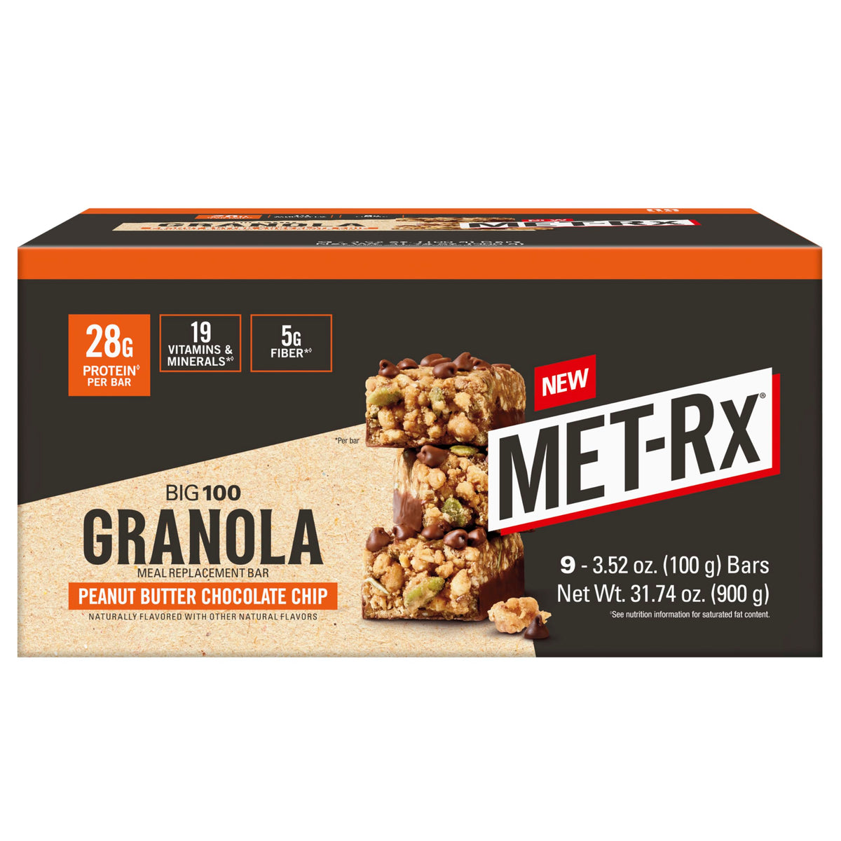 MET-Rx Big 100 Granola Bar front view showing the peanut butter chocolate chip flavor for on-the-go protein