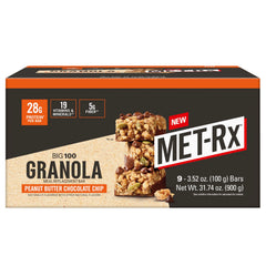 MET-Rx Big 100 Granola Bar front view showing the peanut butter chocolate chip flavor for on-the-go protein