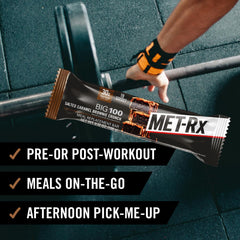 MET-Rx Big 100 bar on a gym bag after workout.
