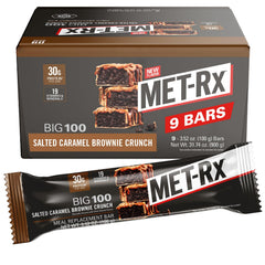 MET-Rx Big 100 packaging with Salted Caramel Brownie Crunch for on-the-go meals.