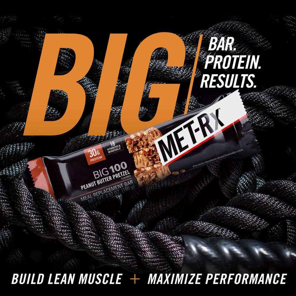 MET-Rx Big 100 Peanut Butter Pretzel bar, gym bag ready, convenient meal replacement.