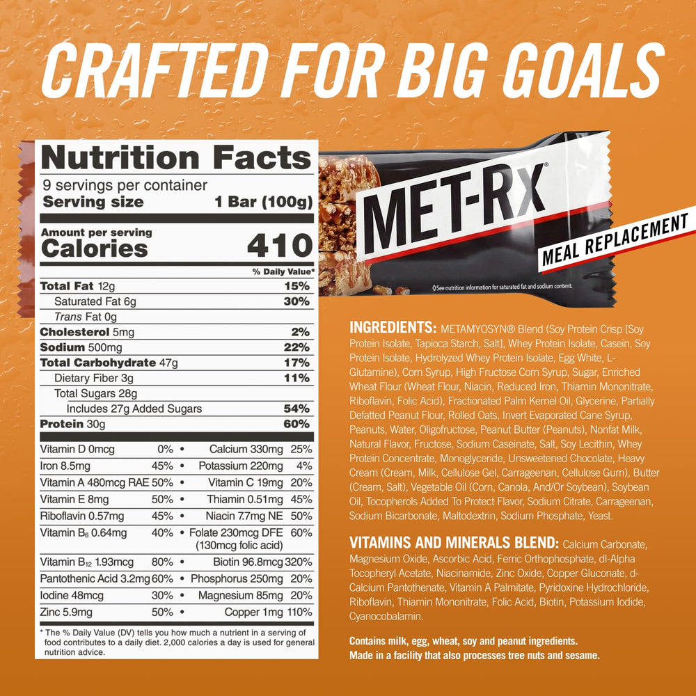 MET-Rx Big 100 Peanut Butter Pretzel bar, ingredients view, notable vitamins and minerals.