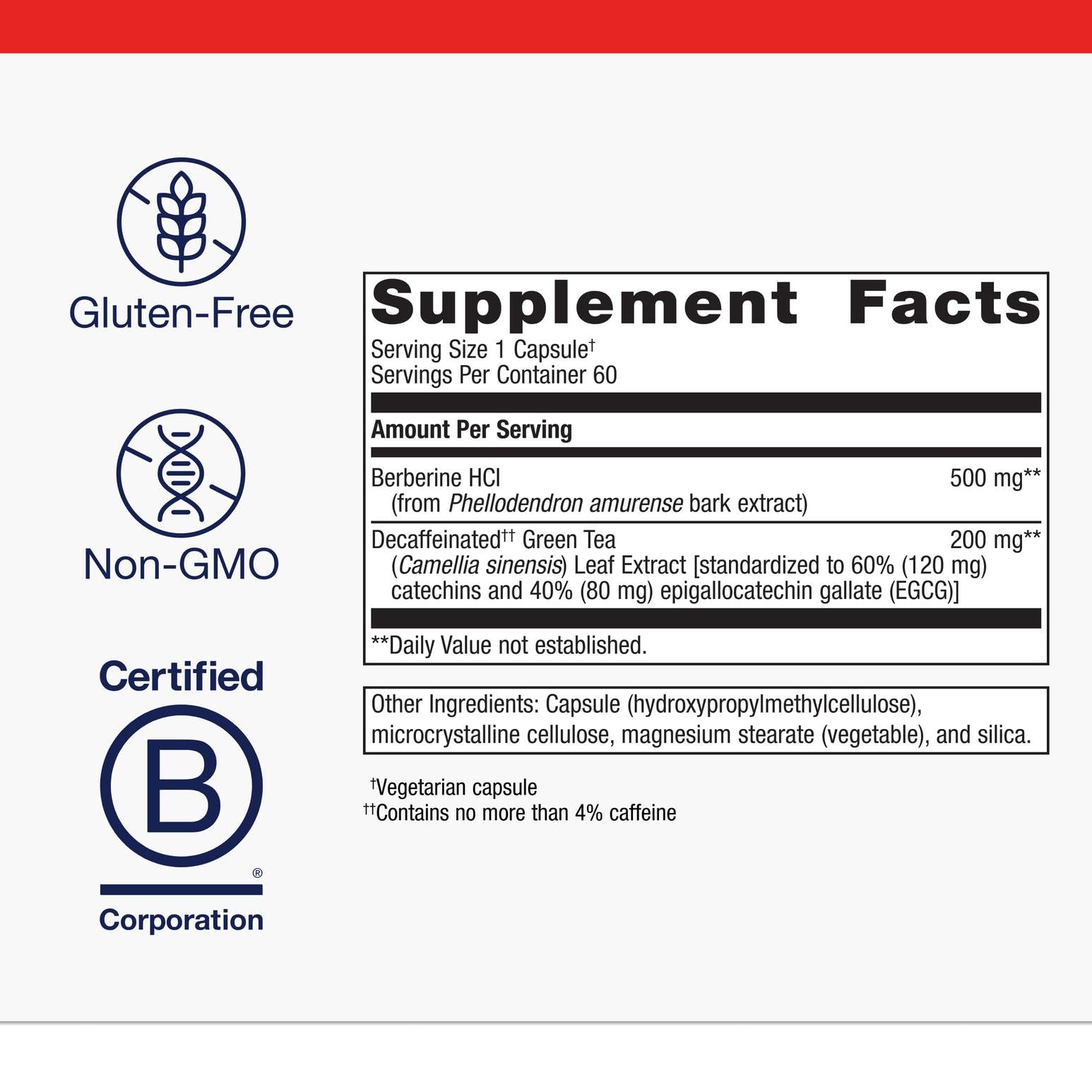 Metagenics Berberine GT decaf green tea extract highlights caffeine-free polyphenols
