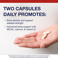 Metagenics Bone Builder Plus capsules in a bottle highlight soy-free veggie capsules.
