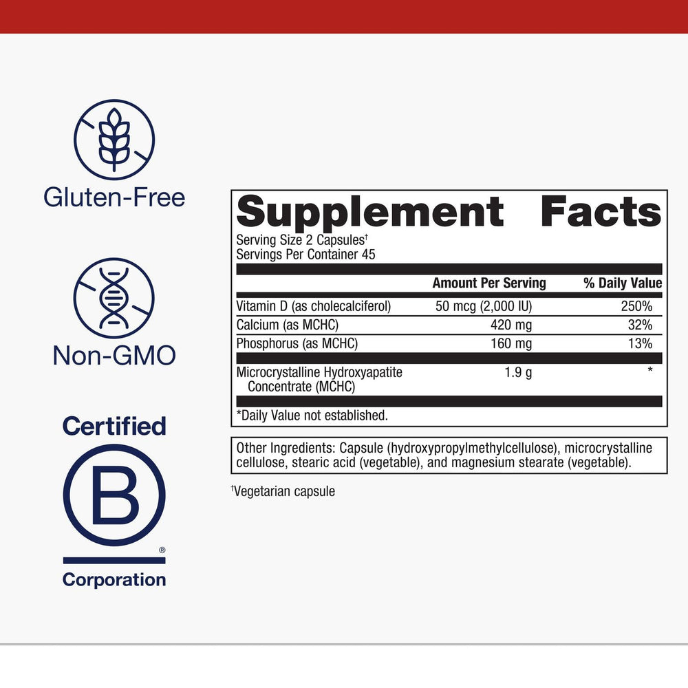 Metagenics Bone Builder Plus minerals, including calcium and phosphorus, on the label.