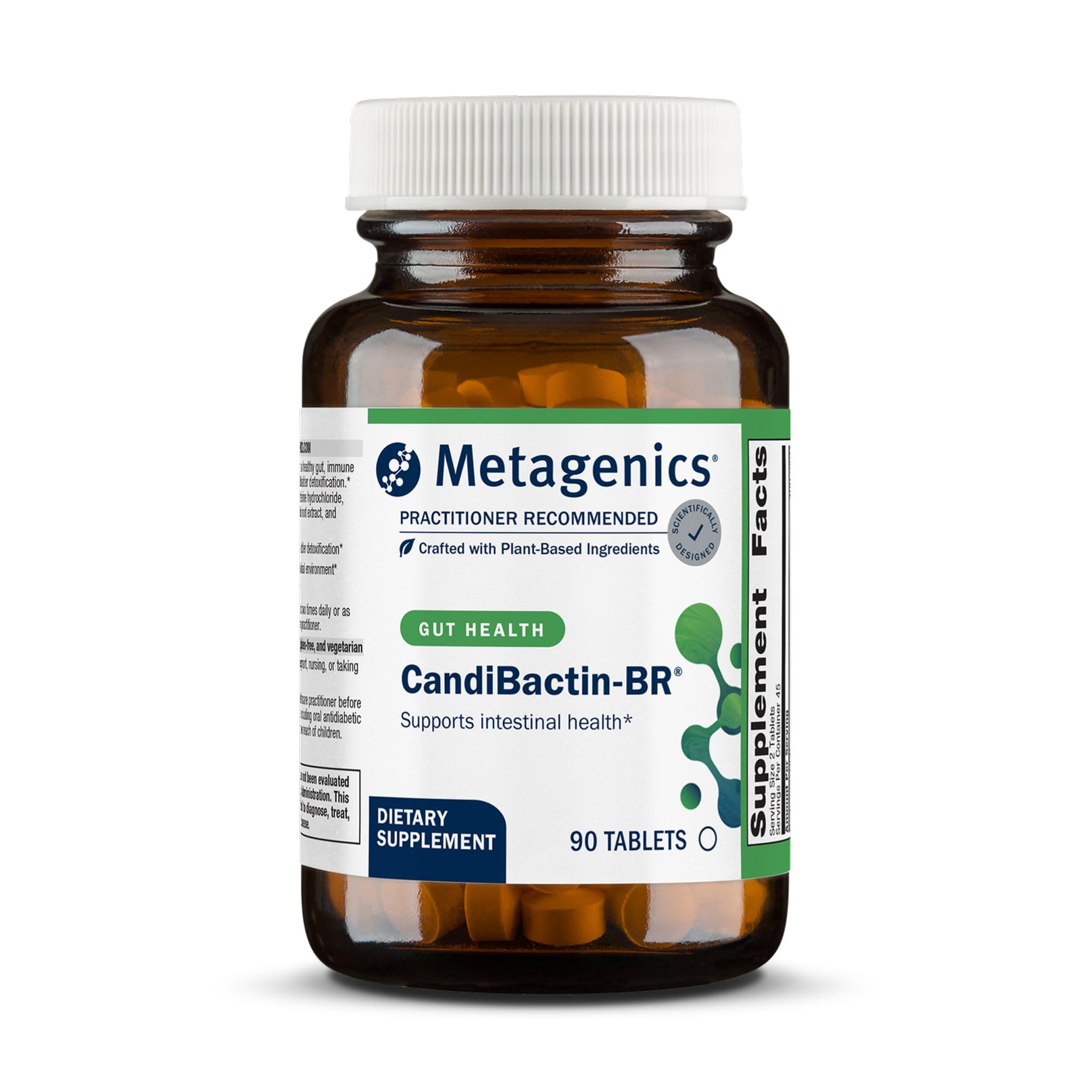 Metagenics CandiBactin-BR bottle and tablets ready for gut balance support.