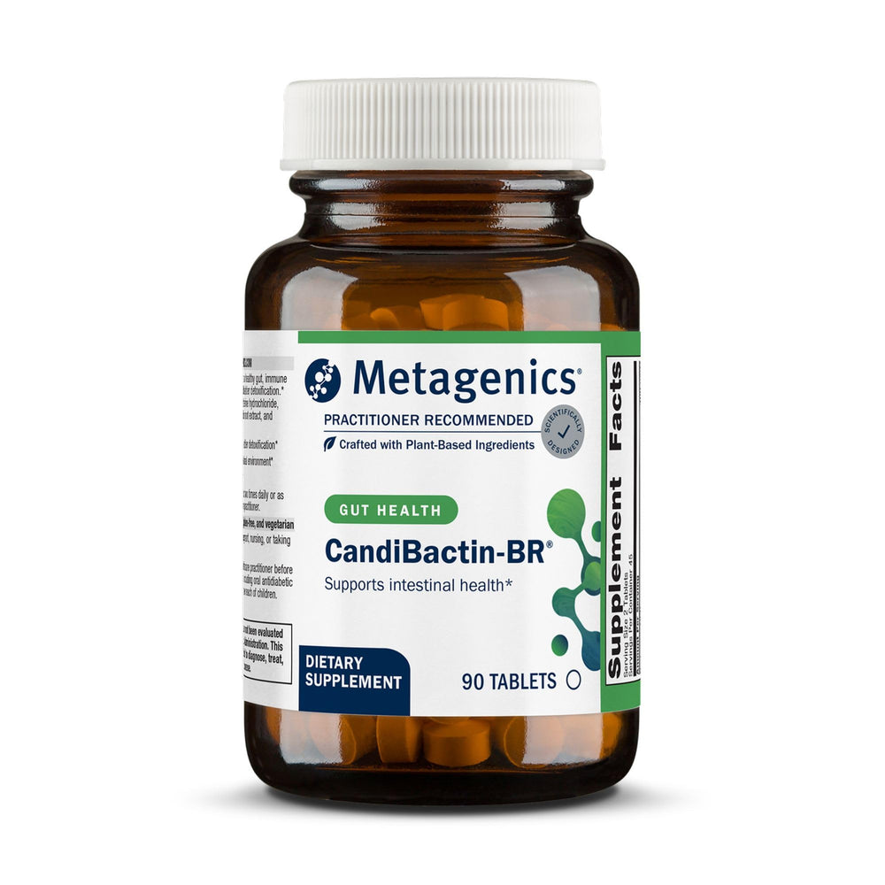 Metagenics CandiBactin-BR bottle and tablets ready for gut balance support.