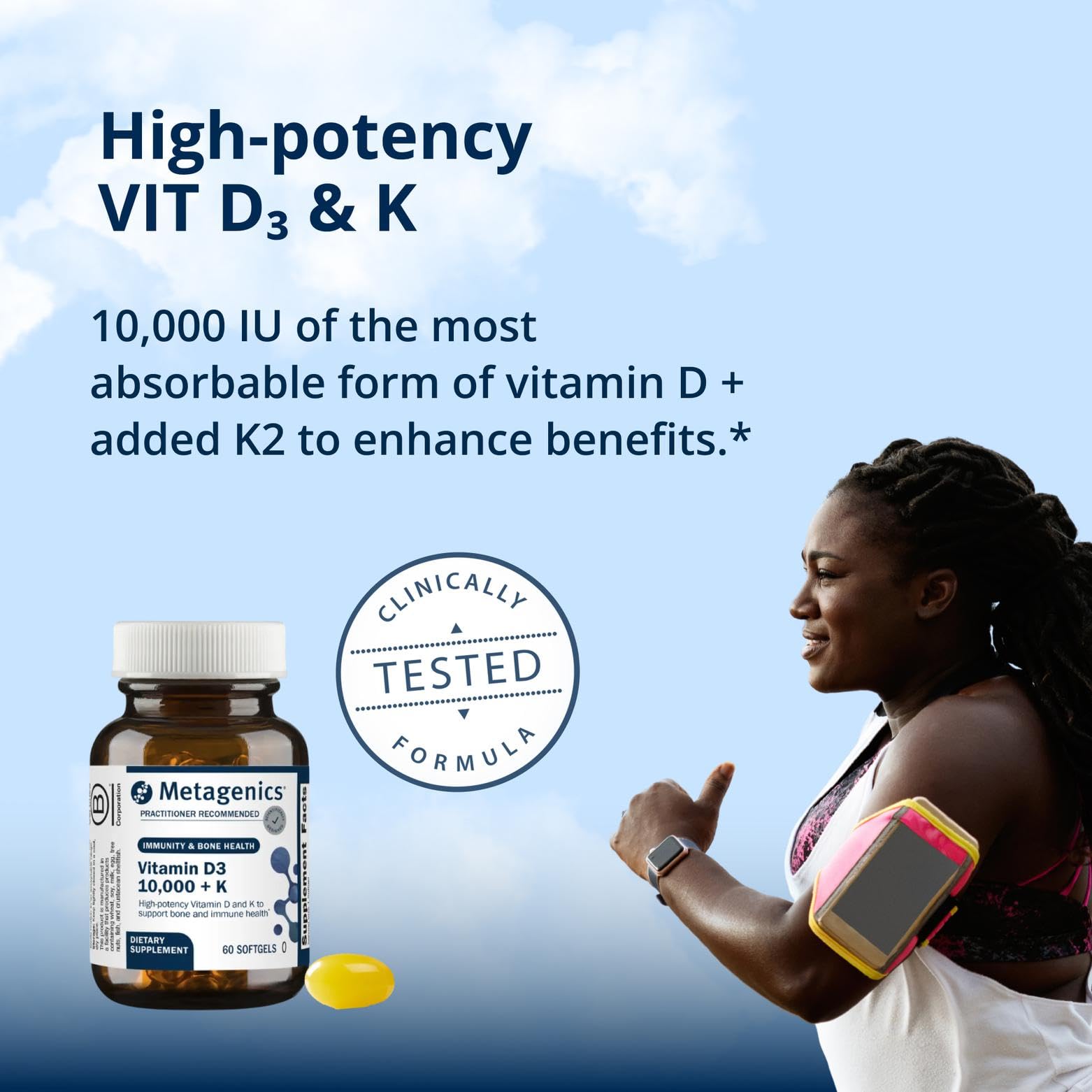 Metagenics D3 + K bottle pour demonstrating convenient daily dosing