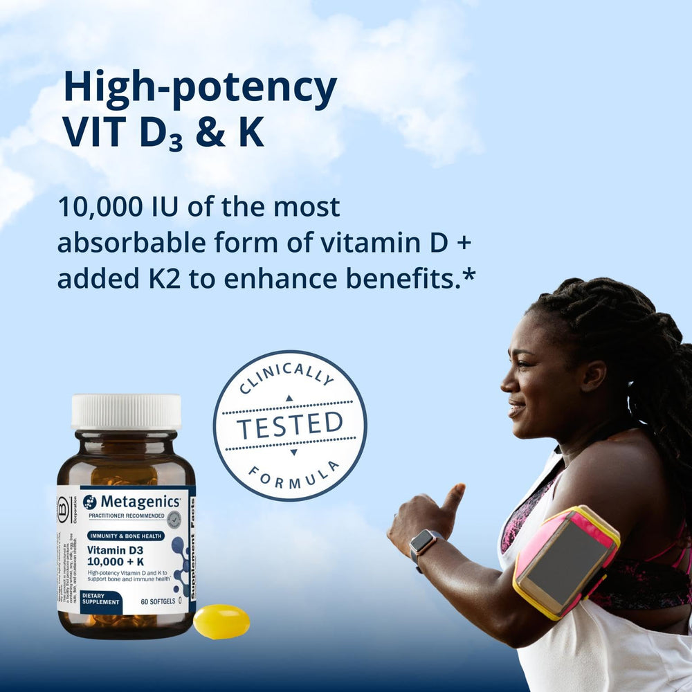 Metagenics D3 + K bottle pour demonstrating convenient daily dosing