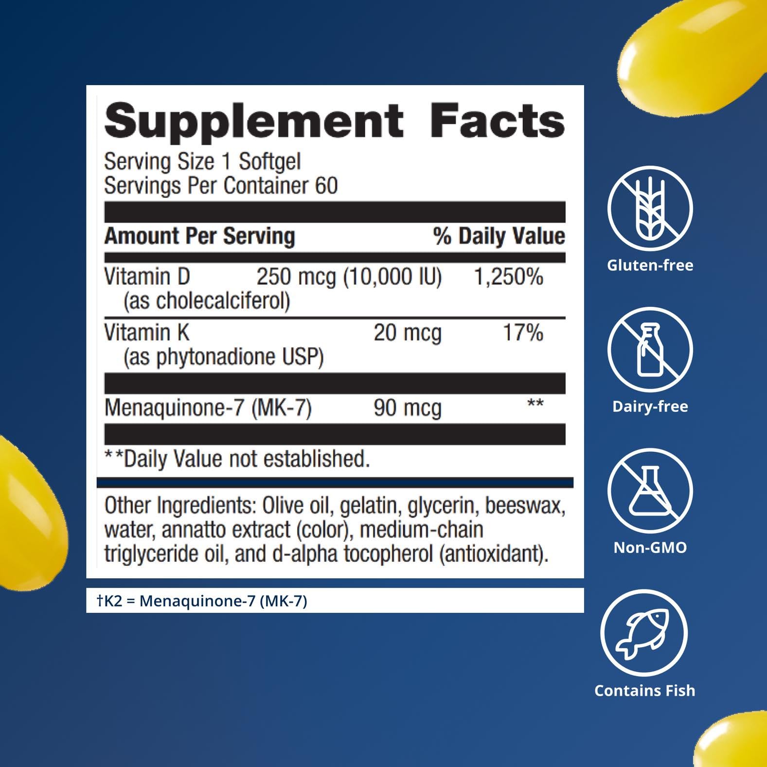 Metagenics D3 + K ingredients panel featuring MK-7 vitamin K2