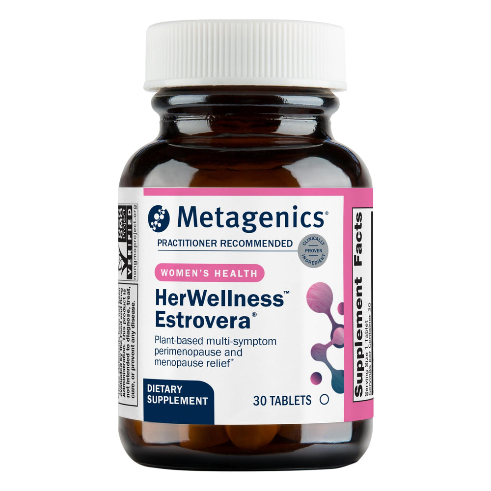 Metagenics HerWellness Estrovera bottle front for menopause support in daily life.