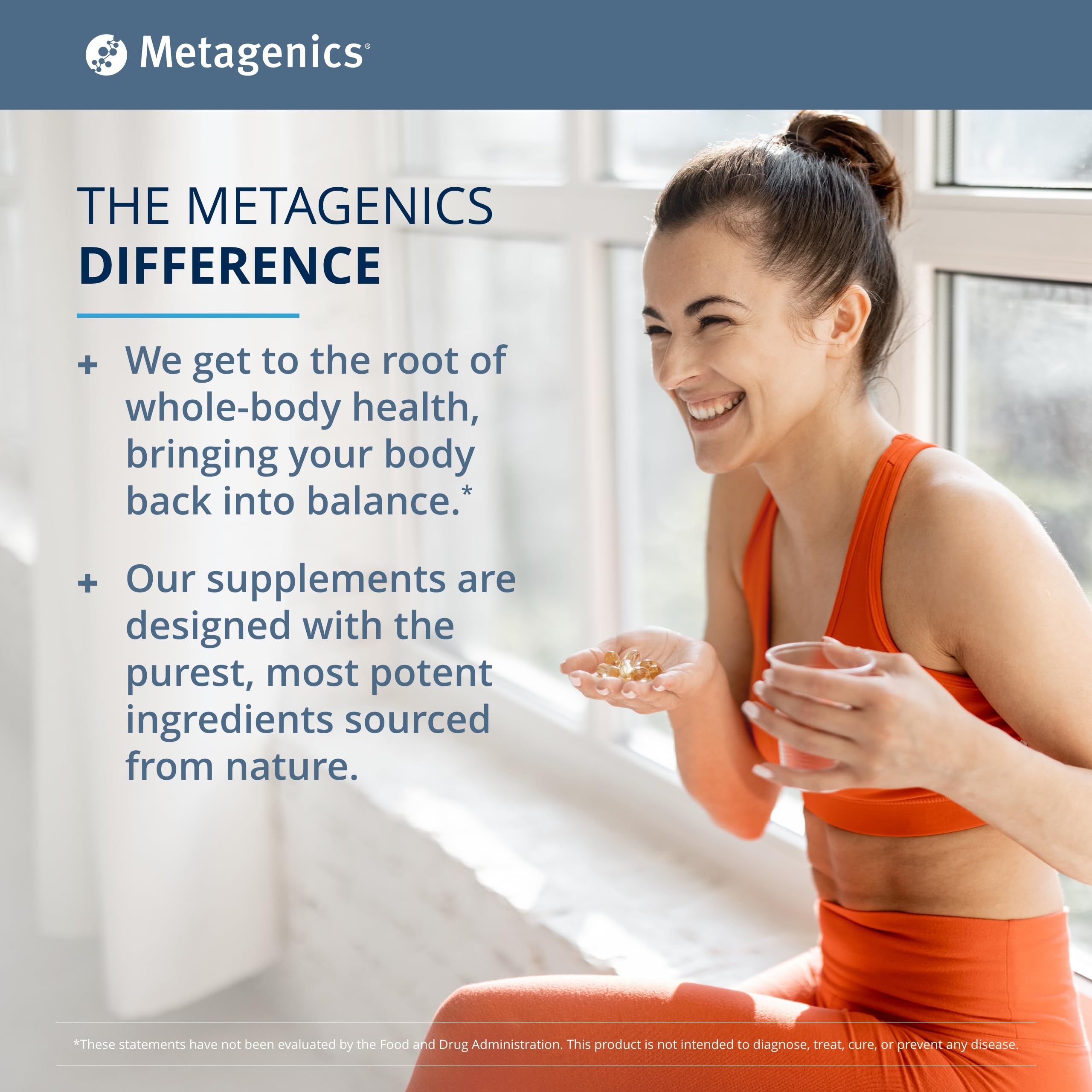 Glass of water beside Metagenics HerWellness Recharge Overnight bottle.