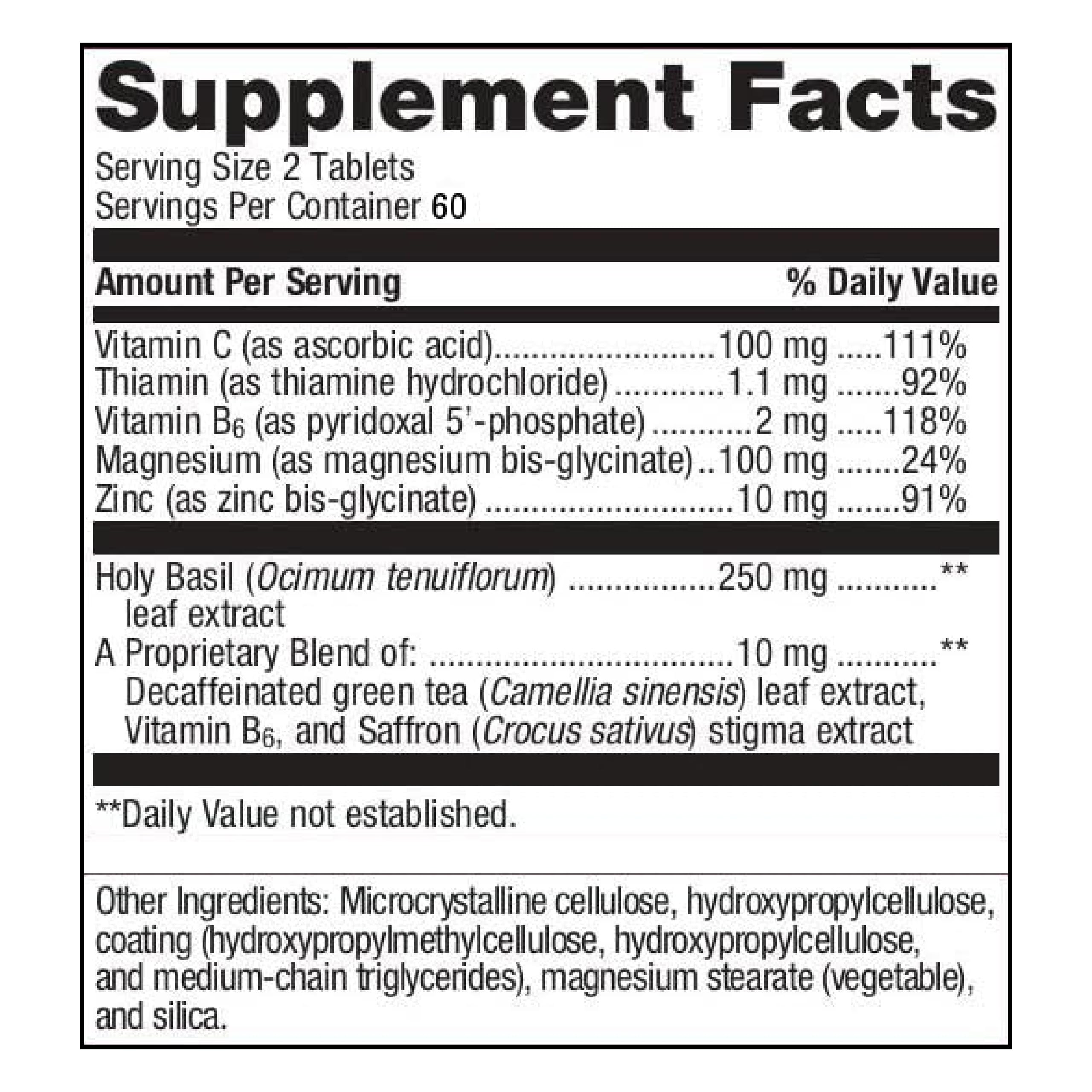 Label close-up highlighting holy basil and zinc ingredients in Metagenics product.
