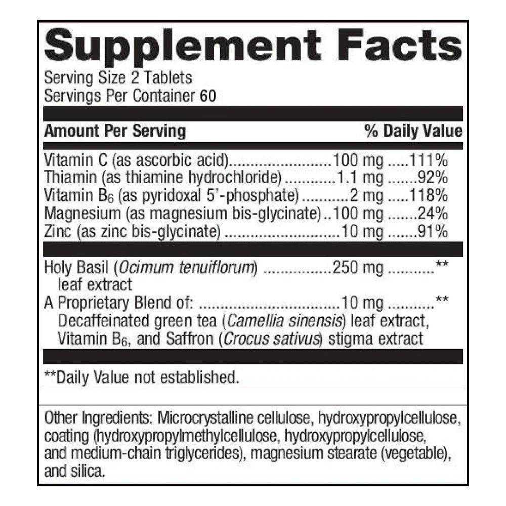 Label close-up highlighting holy basil and zinc ingredients in Metagenics product.