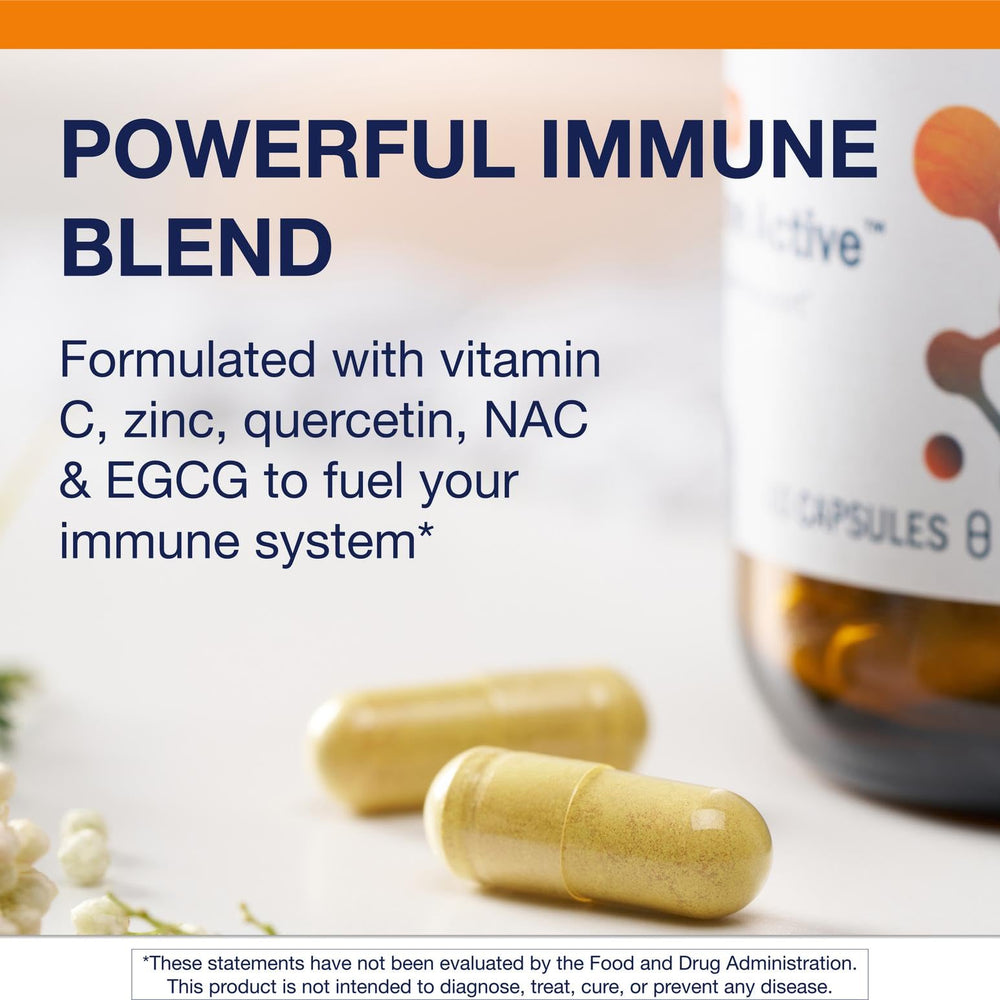 Metagenics Immune Active label close-up highlighting non-GMO and gluten-free features.