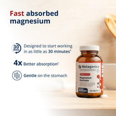Metagenics Magnesium Glycinate tablets pour demonstrating easy dosing.