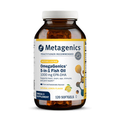 Metagenics OmegaGenics EPA-DHA 1000mg bottle showing 120 softgels for heart and brain support.