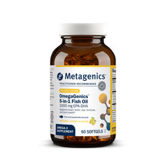 Metagenics OmegaGenics EPA-DHA 1000 mg bottle closeup emphasizing high potency