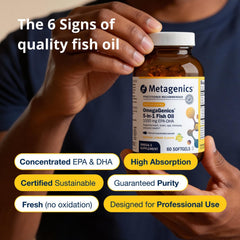 Metagenics OmegaGenics EPA-DHA 1000mg nutrition facts panel on packaging.