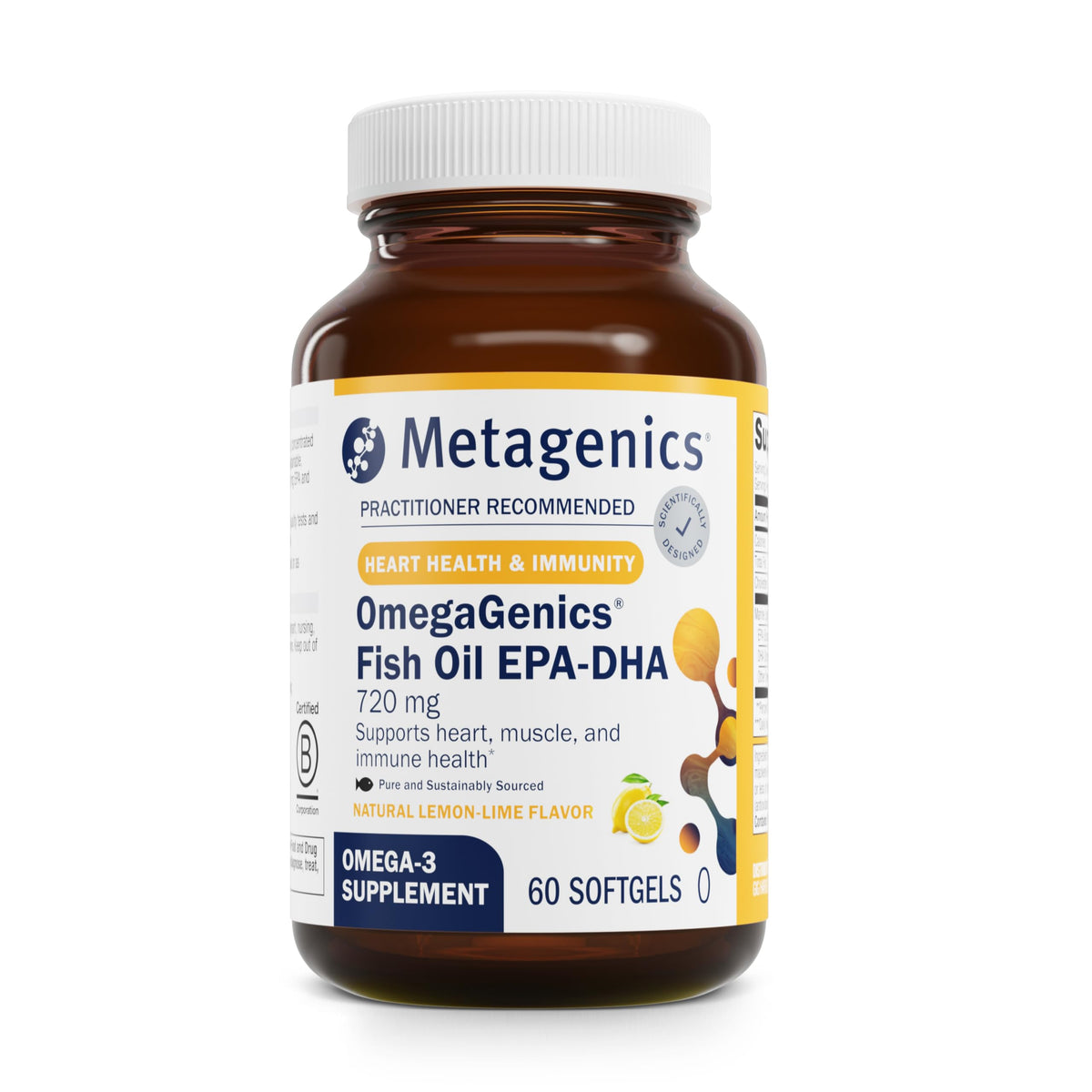 Metagenics OmegaGenics fish oil bottle highlighting high-potency EPA-DHA for heart and overall support.