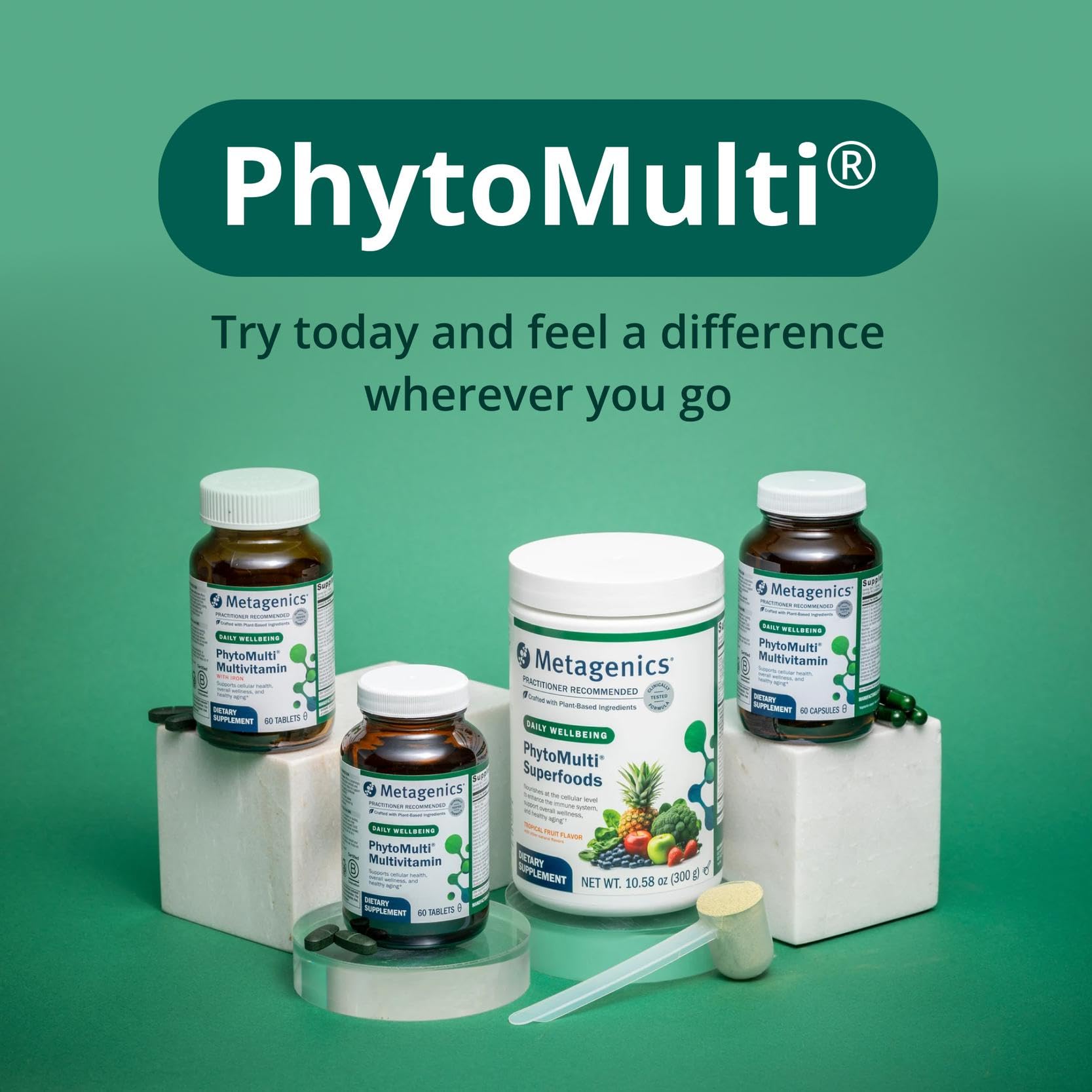 Metagenics PhytoMulti bottle beside healthy snack illustrating convenience.