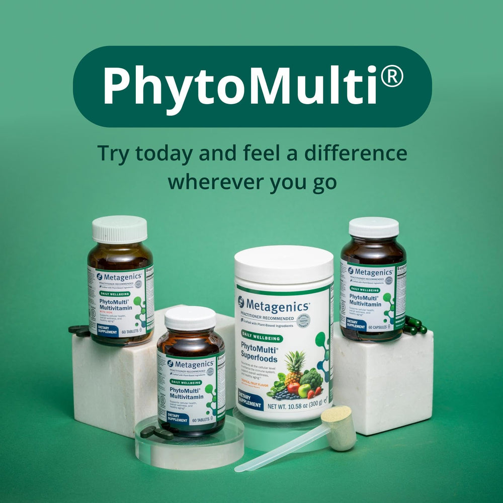 Metagenics PhytoMulti bottle beside healthy snack illustrating convenience.
