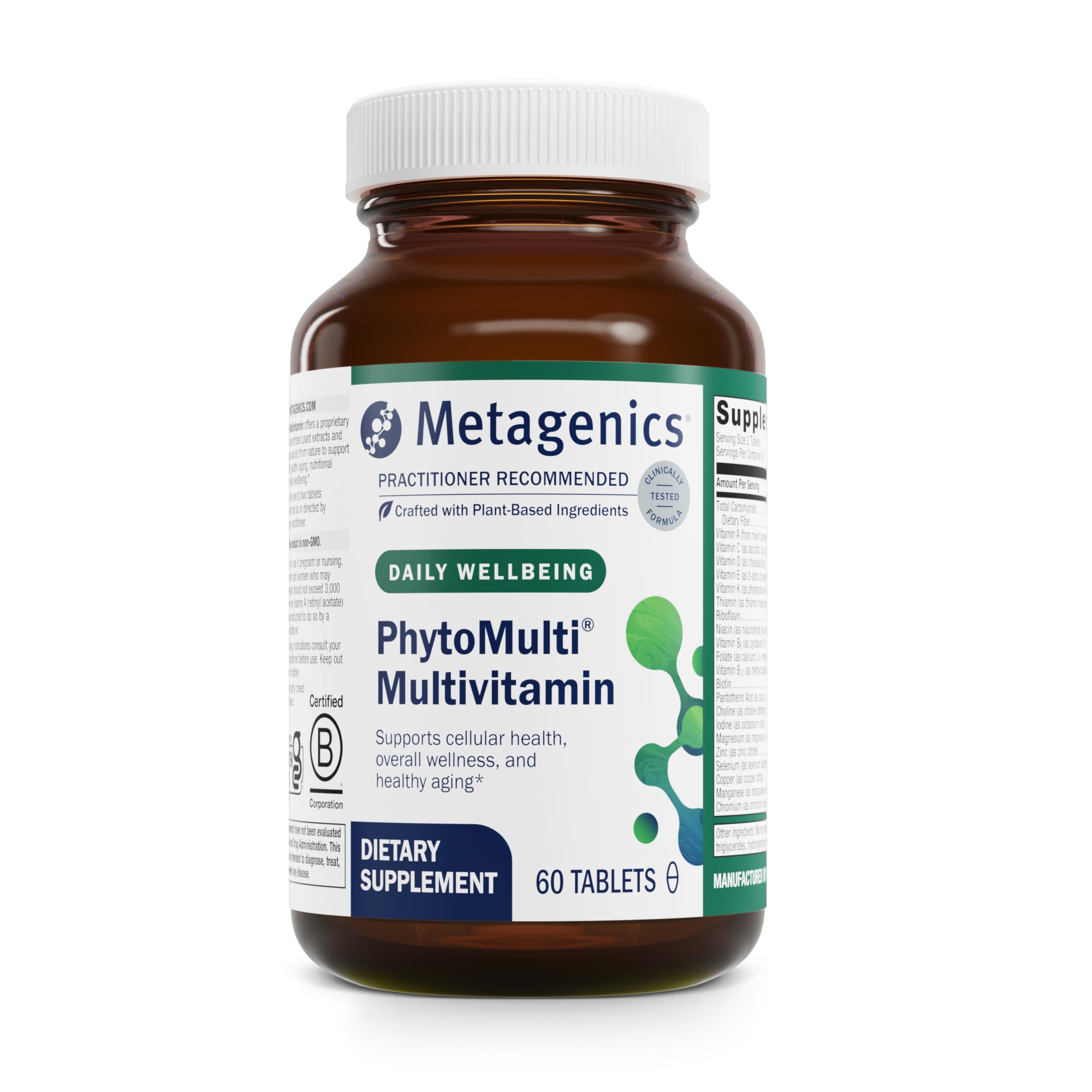 Metagenics PhytoMulti Without Iron bottle front highlights complete daily nutrition for energy and immune support.