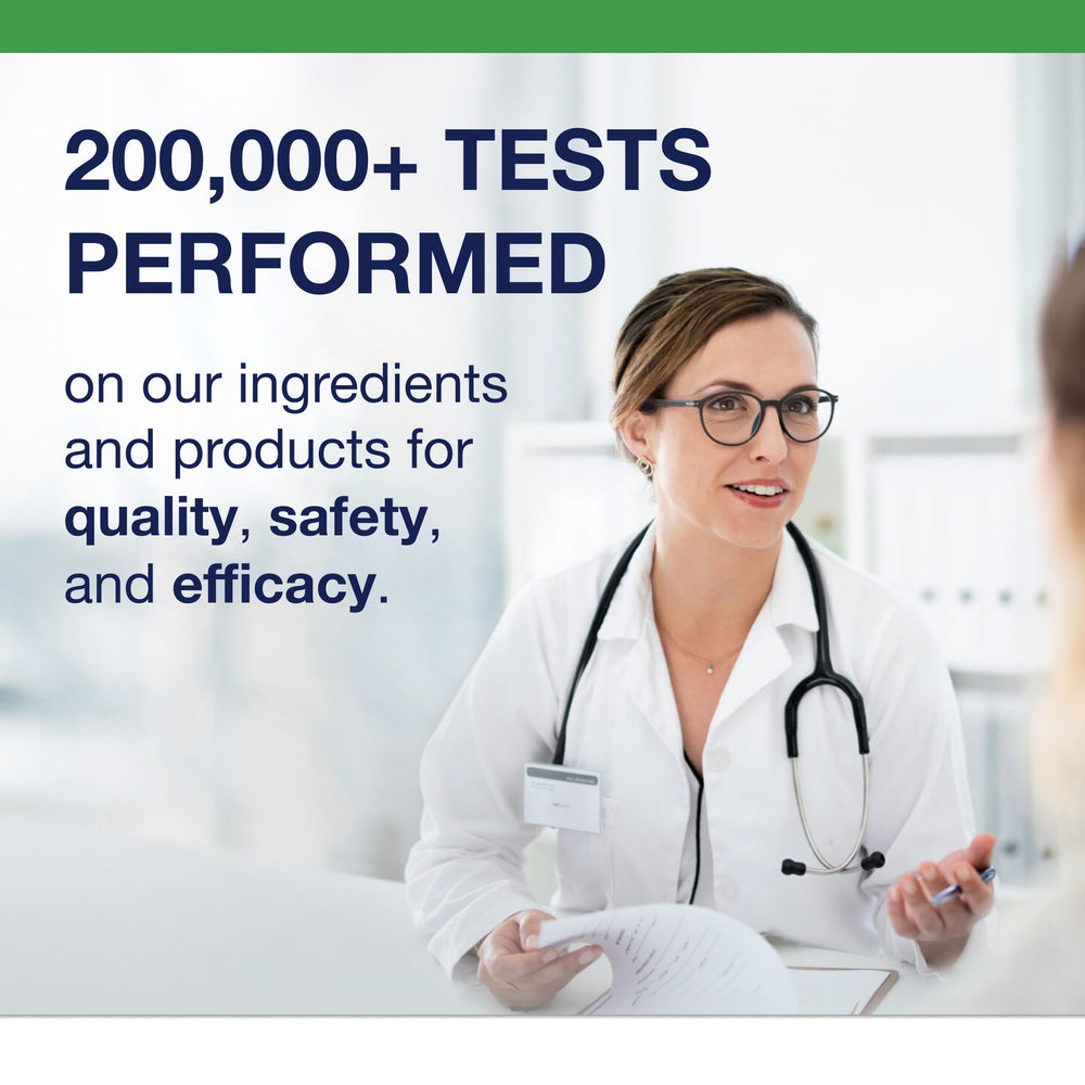 cGMP-certified facility stamp beside bottle emphasizes quality testing