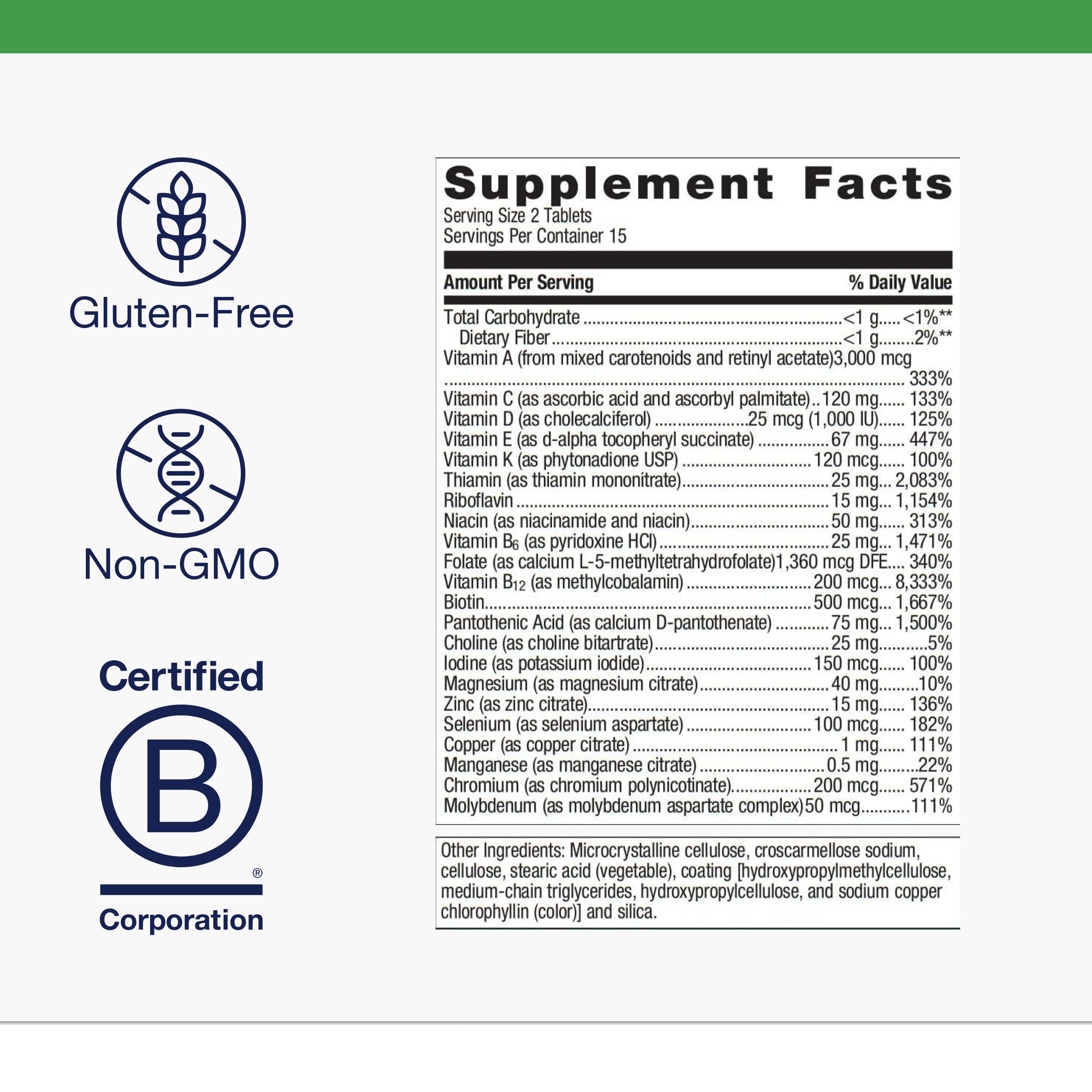 Non-GMO and gluten-free certification icons with PhytoMulti packaging