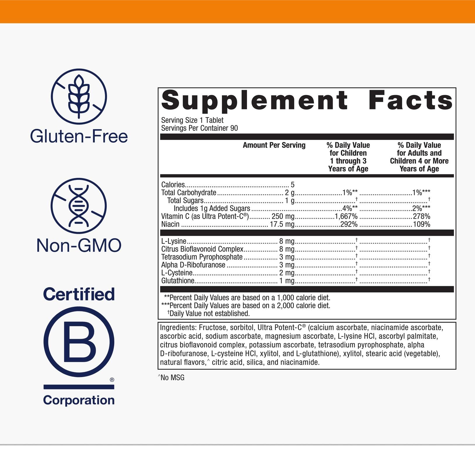 Orange-flavored Metagenics Ultra Potent-C chewable with bioflavonoids highlights balanced immune-support.