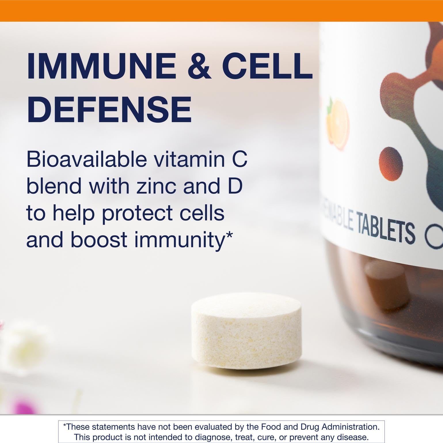 Hand holding the Metagenics Ultra Potent-C chewable conveys gentle taste and low-calorie profile.