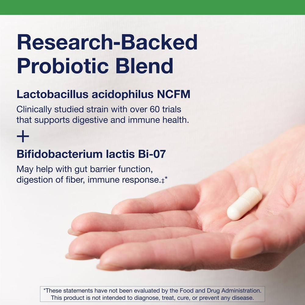 Metagenics UltraFlora Balance label close-up shows strains for gut balance.