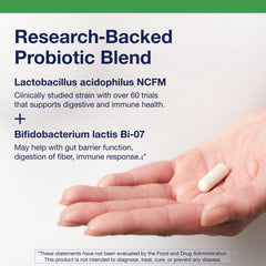 Metagenics UltraFlora Balance label close-up shows strains for gut balance.