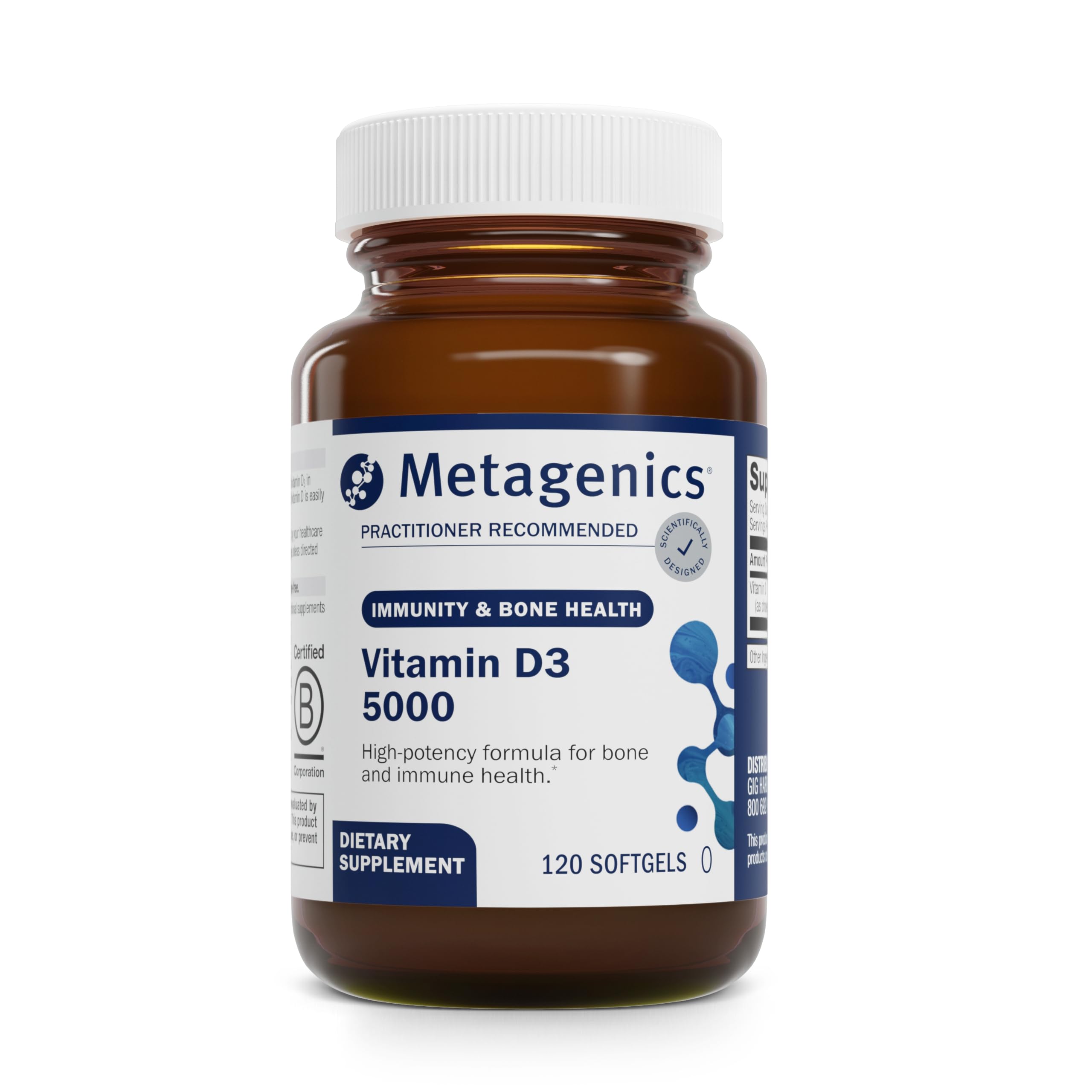 Metagenics Vitamin D3 5000 IU softgel bottle, high potency for daily support