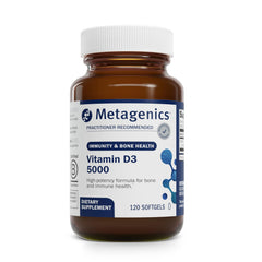 Metagenics Vitamin D3 5000 IU softgel bottle, high potency for daily support