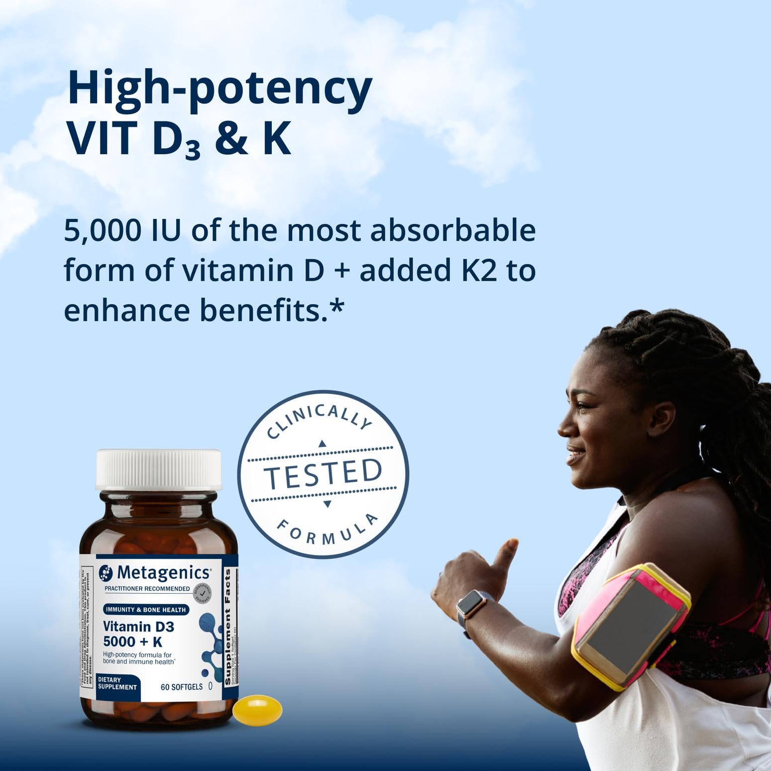 Metagenics D3 plus K MK-7 capsule shows bone health synergy.