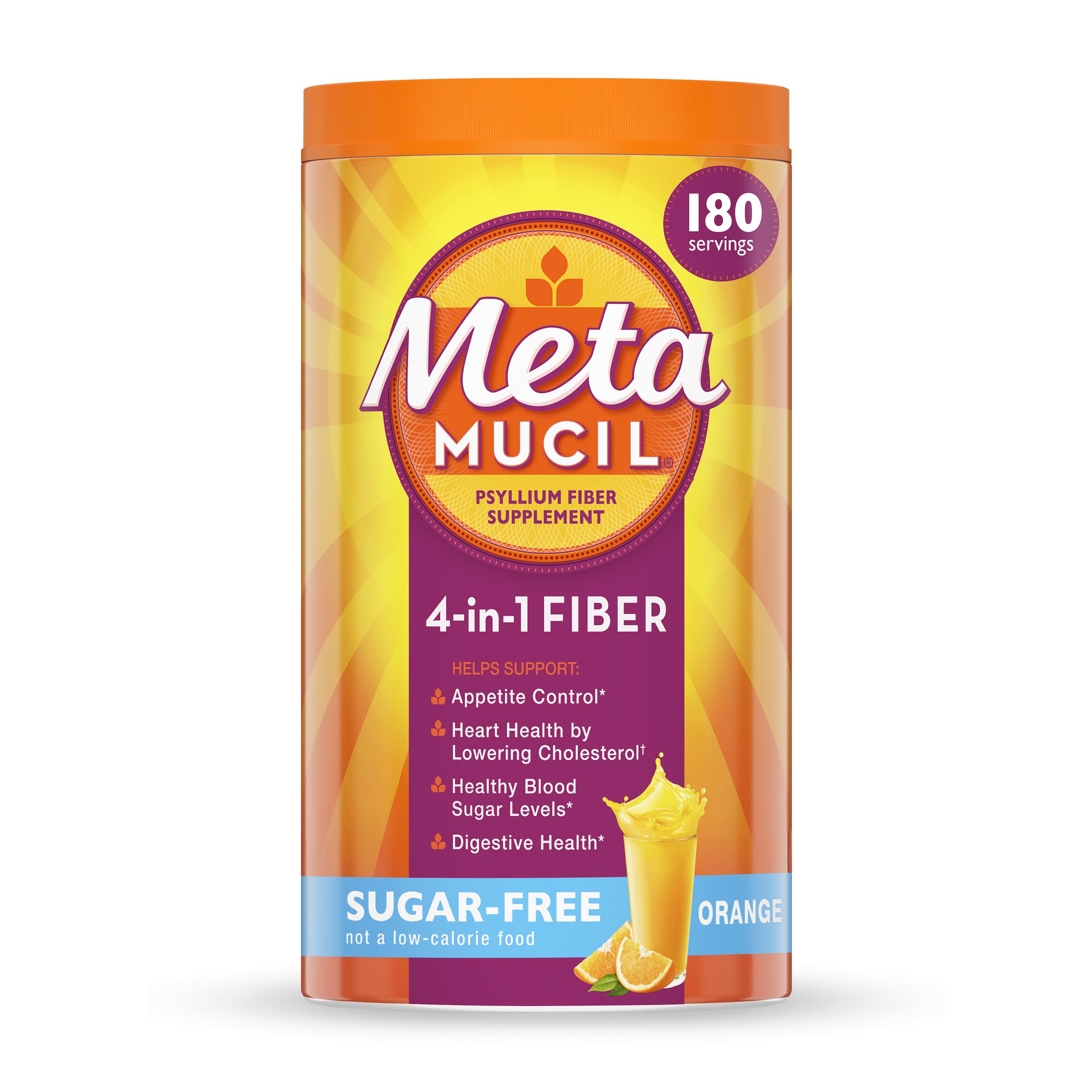 Metamucil 4-in-1 fiber bottle on counter suggesting daily digestive support