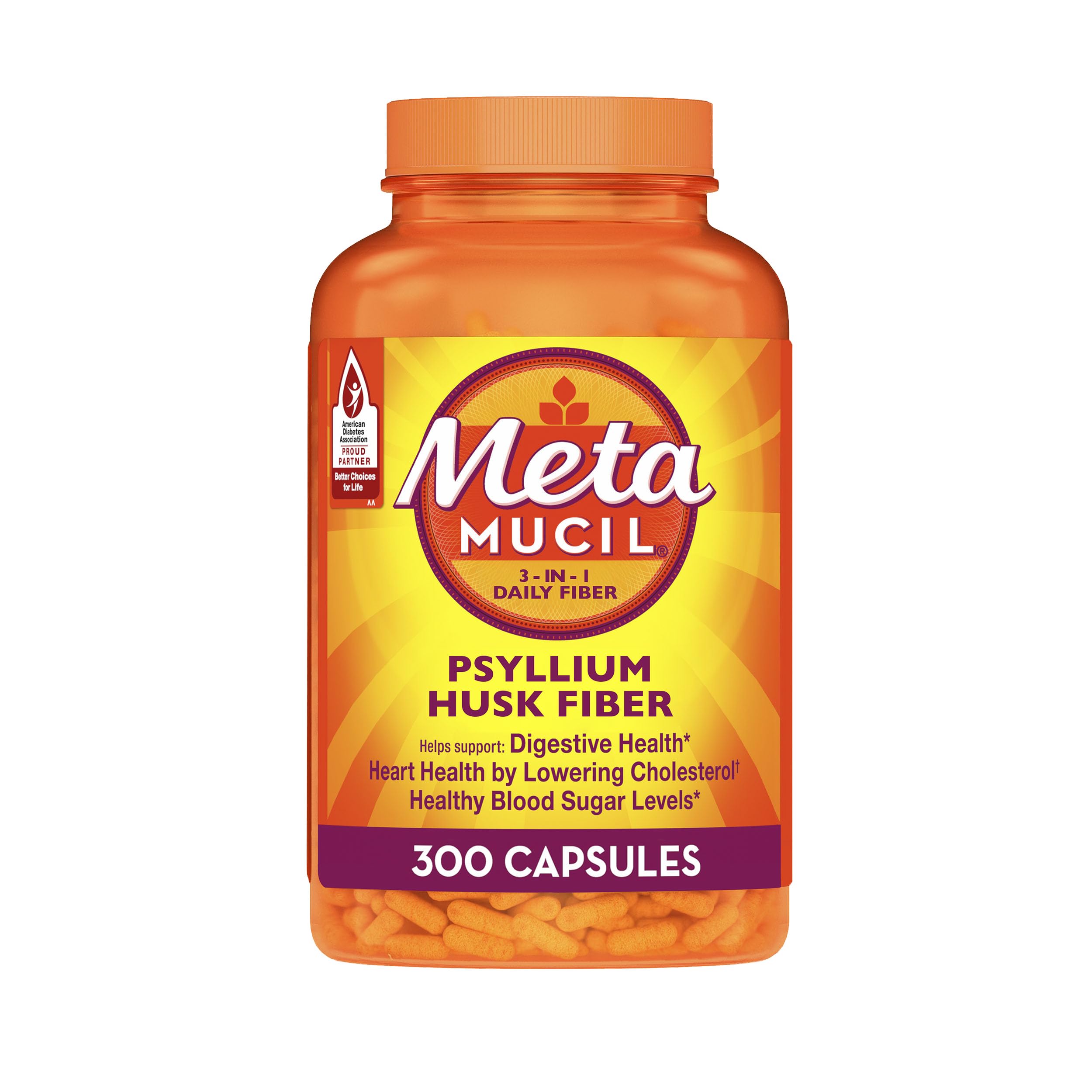 Metamucil bottle and capsules on the counter support daily fiber intake.
