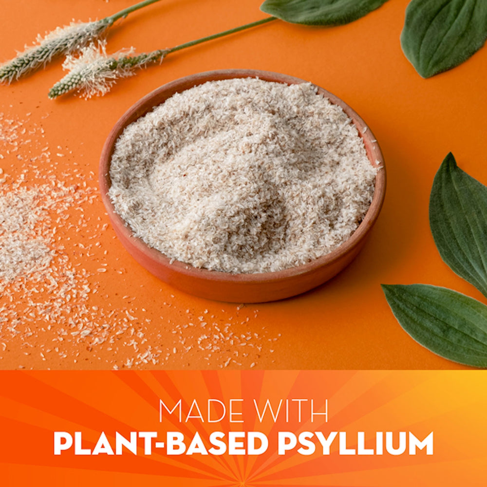 Metamucil bottle label closeup shows psyllium husk fiber and 4-in-1 benefits